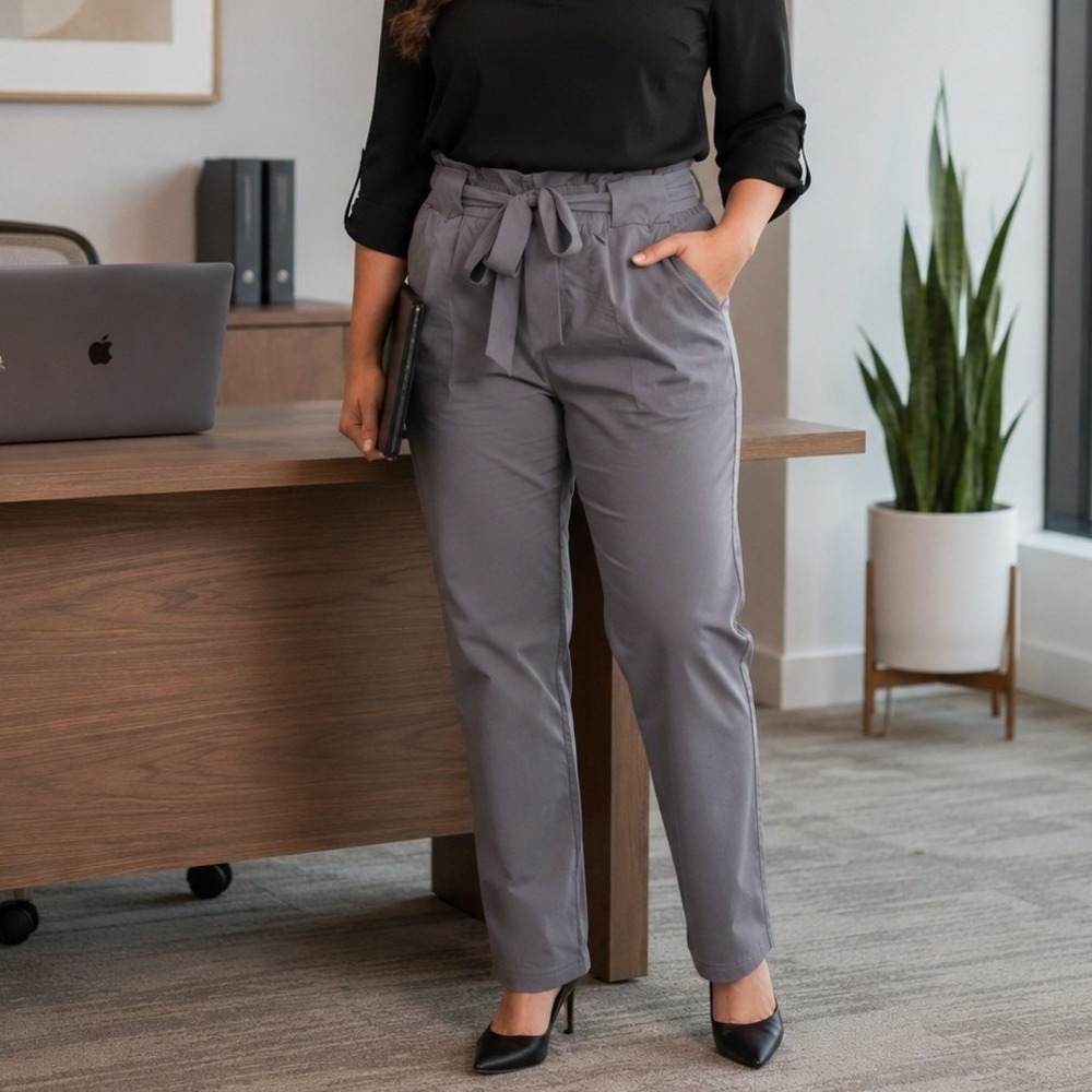 Grace Karin Size Large Grey Paperbag Waist Pants NWT Tie Waist Straight Leg